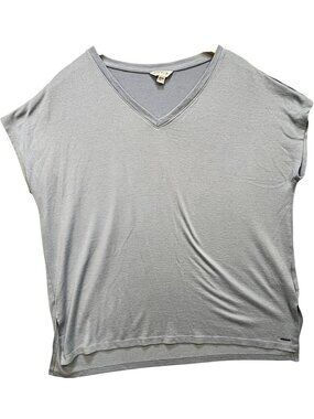 Orvis Womens V-Neck Tunic Top Short Sleeve Stretch Size XL Light Blue Side Slits